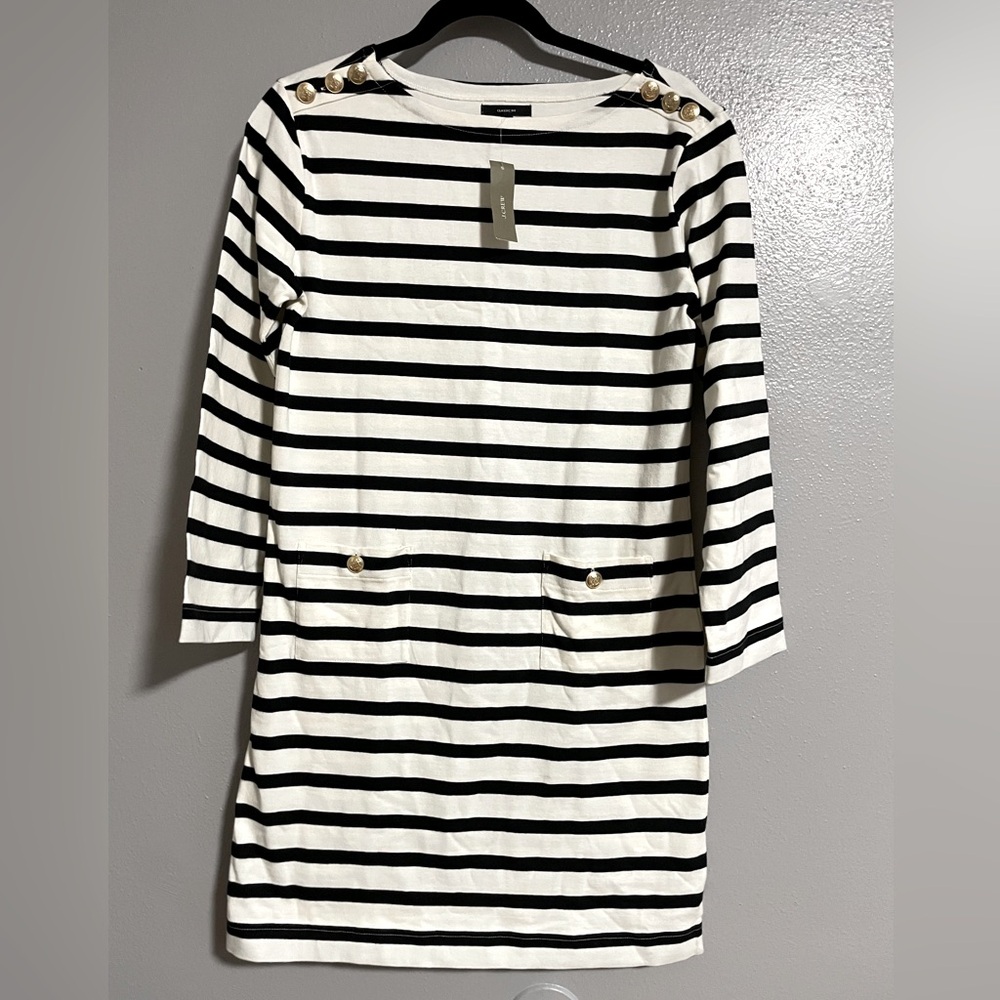 J. CREW 100% cotton shift dress striped black and cream front pockets